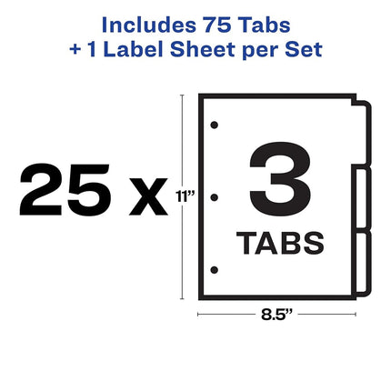 Avery 3-Tab Dividers for 3 Ring Binder, Easy Print & Apply Clear Label Strip, Index Maker Customizable White Tabs, 25 Sets (11445)