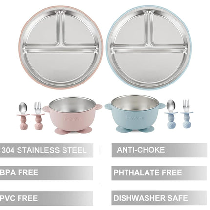 PandaEar 8PCS Baby Feeding Set | Stainless Steel Suction Plates and Bowls with Silicone Fork and Spoon Utensils | Baby Led Weaning Tableware for Toddlers & Kids (Pink & Blue)