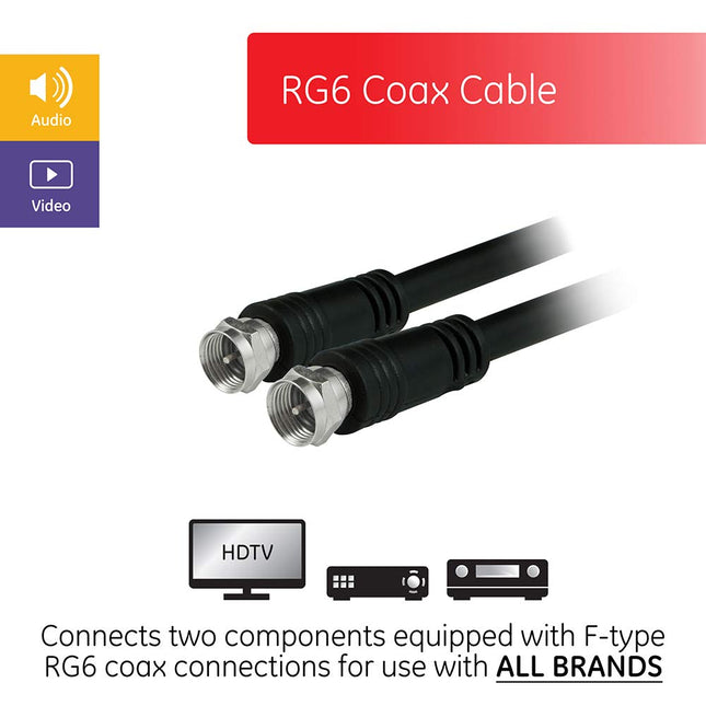 Cable coaxial GE RG6, 15.24 m, conectores tipo F, instalación de rosca, no se necesitan herramientas, negro 33600