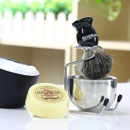 Anbbas Pure Badger Bristles Shaving Brush Black Wood Handle and Refill Soap Bar 100g,Stainless Steel Shaving Stand and Soap Cup Kit Perfect for Men