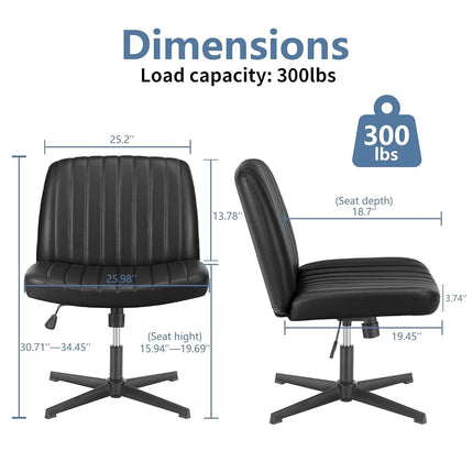 DUMOS Desk Chair No Wheels, Criss Cross Chair Wide Cross Legged Office Desk Vanity Chair, PU Leather Armless Adjustable Swivel Chairs for Home Computer Task Black