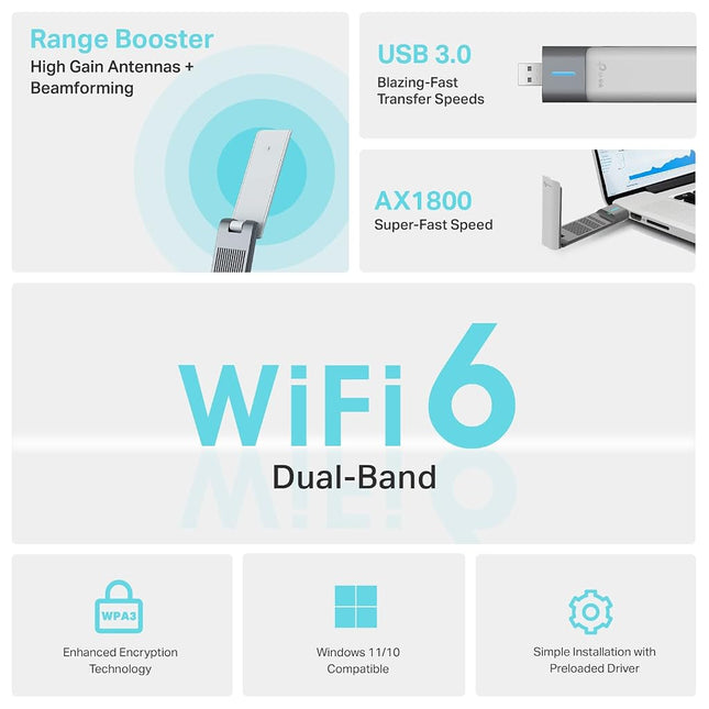 TP-Link AX1800 WiFi 6 USB Adapter for Desktop PC (Archer TX21UH) Wireless Network Adapter with 2.4GHz, 5GHz, MU-MIMO, OFDMA, High Gain Dual Band 5dBi Antenna, WPA3, Supports Windows 11/10