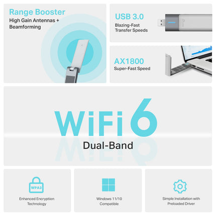 Adaptateur USB Wi-Fi 6 AX1800 TP-Link pour PC de bureau (Archer TX21UH), adaptateur réseau sans fil avec 2,4 GHz, 5 GHz, MU-MIMO, OFDMA, antenne bi-bande à gain élevé 5 dBi, WPA3, prend en charge Windows 11/10