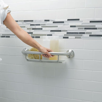 Moen Home Care Barre d'appui de sécurité pour salle de bain de 40 cm pour baignoire et douche avec étagère de rangement, produit d'aide pour personnes âgées, nickel brossé, R2356DBN