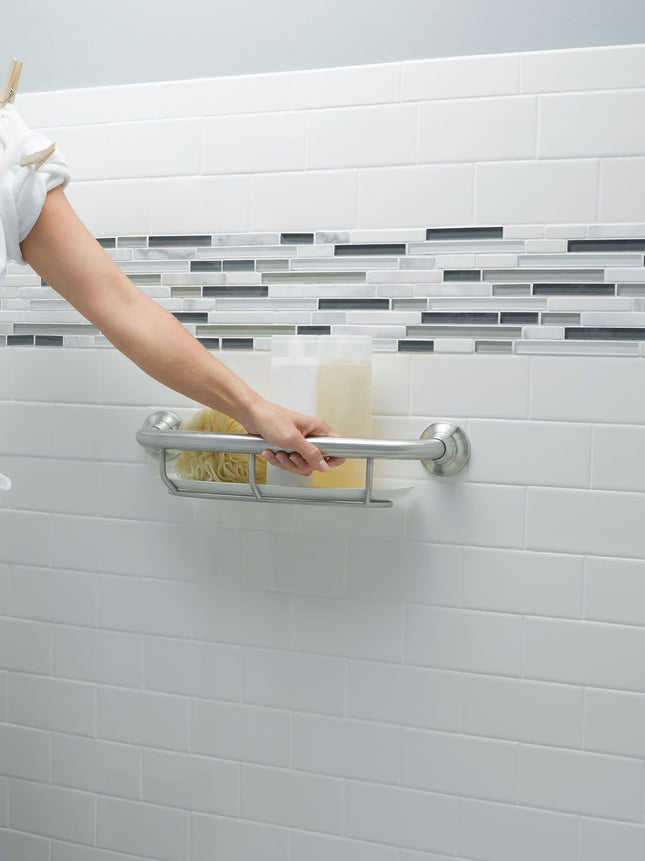 Moen Home Care Barre d'appui de sécurité pour salle de bain de 40 cm pour baignoire et douche avec étagère de rangement, produit d'aide pour personnes âgées, nickel brossé, R2356DBN