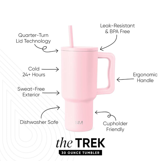 Simple Modern 30 oz Tumbler with Handle and Straw Lid | Insulated Cup Reusable Stainless Steel Water Bottle Travel Mug Cupholder Friendly | Gifts for Women Him Her | Trek Collection | Blush