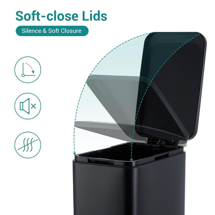 MilleLoom 13.2 Gallon / 50L Kitchen Trash Can, Slim Stainless Steel Garbage Can with Removable Inner Bucket, Fingerprint-Proof Step Rubbish Bin with Soft-Close Lid for Narrow Space, Black