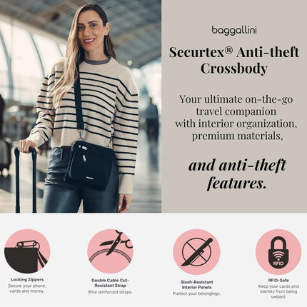 Baggallini Securtex Anti-Theft Crossbody 8.25" Small / 10" Large Travel Purse with RFID Card Slots & Cut-Resistant Strap, Midnight Blossom Print, Small 8.25"w x 8.25"h