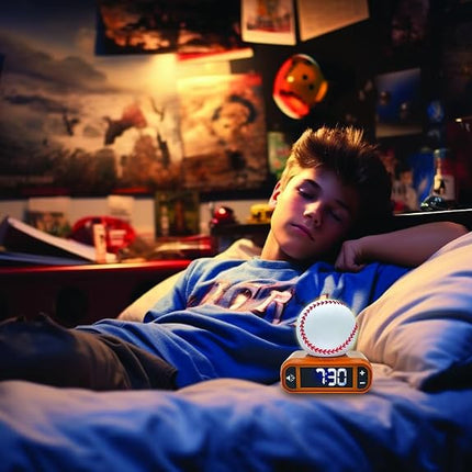 LEXiBOOK Baseball Nightlight Alarm Clock, Sounds and Melodies, LCD Backlit Screen, Luminous, Snooze, Brown/White