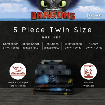 Franco How to Train Your Dragon Kids Bedding Super Soft & Cozy Reversible Microfiber Comforter and Sheet Set with Sham, 5 Piece Twin Size, (Officially Licensed Product)