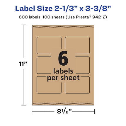 Avery Kraft Brown Rectangle Labels with Sure Feed, 2-1/3" x 3-3/8", 600 Kraft Brown Labels, Print-to-The-Edge, Laser/Inkjet Printable Labels
