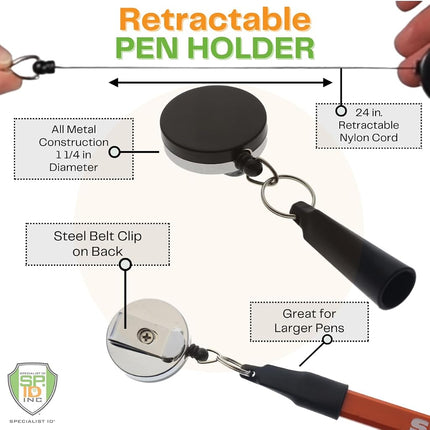 Paquete de 2 identificadores de especialista - Sujetador de bolígrafo retráctil resistente - Ideal para marcadores y lápices de carpintero - Cable de nailon grueso, carrete autorretráctil y clip de metal ajustado para cinturón de Reel-N-Rite