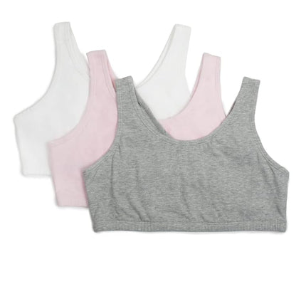 Fruit of the Loom Girls' Big Cotton Built-up Sport Bra, Grey Heather/Bittersweet Pink/White-3 Pack, 32