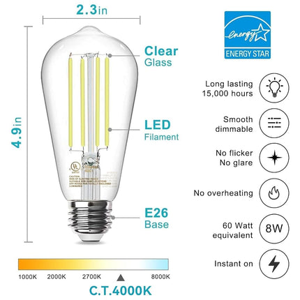 TJOY 12 Pack Edison LED Light Bulbs, E26 Base, 8W 4000K, Dimmable
