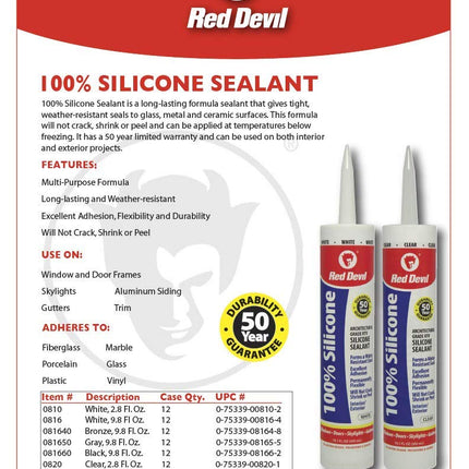 Red Devil 0820 100% Silicone Sealant Architectural Grade, 2.8 oz. Tube, Clear, 1 Pack