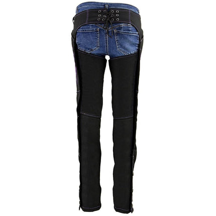 Milwaukee Leather SH1182 Chaparreras de Moto de Piel Negra y Textil Morado con Bordado Tribal para Mujer - Talla XS