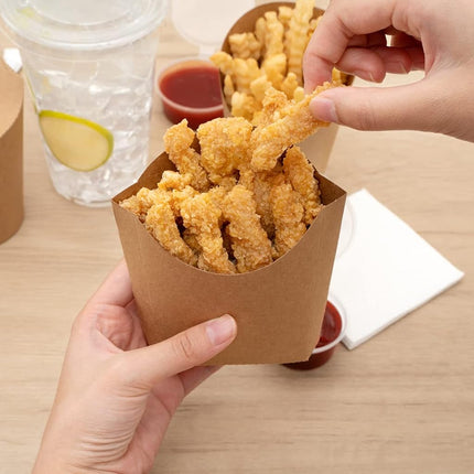 Bio Tek 4.5 x 3.2 x 3.9 Inch French Fry Cup, 100 Disposable Snack Cups - Stackable, Sustainable, Kraft Paper 3 Ounce Fry Holder, for Fries, Onion Rings, Popcorn, or Cookies - Restaurantware