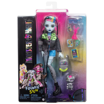 Monster High Frankie Stein Doll in Denim Jacket & Shorts, Includes Pet Dog Watzie & Accessories like a Backpack, Snack & Notebook