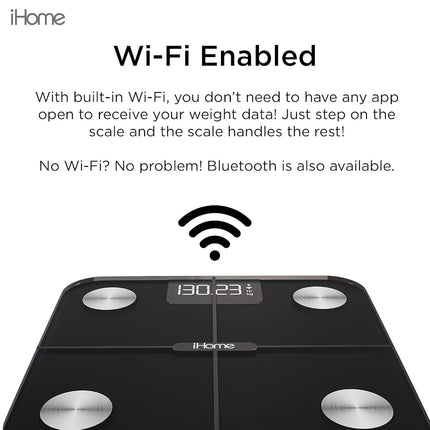 iHome Digital WiFi Smart Scale for Body Weight, Weight Scale with 14 Indicators, Including BMI, Body Fat, Muscle Mass, Batteries Included (Black Smart WiFi)