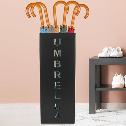 Metal Umbrella Stand, 16.5x6.3x6.3inch Square Free Standing Umbrella Rack Decorative Umbrella Holder Bin Multipurpose Walking Sticks Holder for Umbrella Cane Entryway Home Office(black)