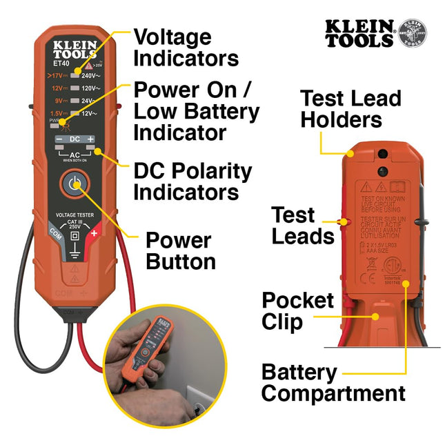 Klein Tools ET40VP kit de comprobador de voltaje, comprobador de receptáculos GFCI, comprobador de voltaje CA/CC, detecta problemas comunes de cableado eléctrico