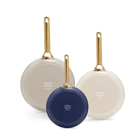 Greenpan Reserve 8� 10� and 12� Induction Suitable Frying Pan Set, Ceramic Nonstick Hard Anodized Skillets, PFAS & PFOA-Free, Dishwasher and Oven Safe, Gold Handles, Navy, Taupe, Cream Mixed Colors
