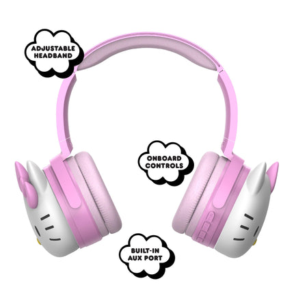 Auriculares Bluetooth inalámbricos 2 en 1 de Hello Kitty con auriculares con cable - Plegables, diadema ajustable y acolchada, controles integrados, auriculares blandos, conectividad de cable auxiliar, llamadas manos libres