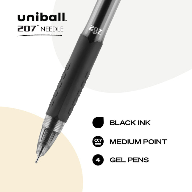 uni-ball 207 Needle Retractable Gel Pens, Medium Point (0.7mm), Black, 4 Count