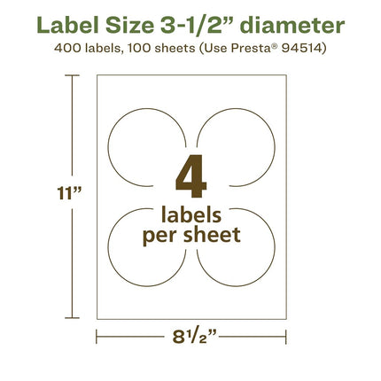 Avery EcoFriendly Matte White Recycled Round Labels, 3.5" Diameter, Print-to-The-Edge, Matte White Labels, Permanent Adhesive, Laser/Inkjet Printable, 400 Total