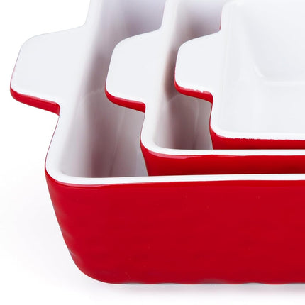 GarveeHome Baking Dishes Set of 3, Ceramic Bakeware Set with Handles, Porcelain Baking Pan Casserole Dishes for Oven and Microwave, Deep Lasagna Pan for Baking, Cooking, Wedding Gift - Red