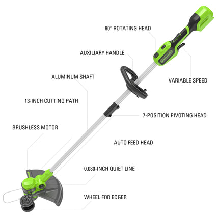 Greenworks 24V Desbrozadora inalámbrica sin escobillas de 13 pulgadas (Gen 2), batería USB de 4.0Ah y cargador incluidos