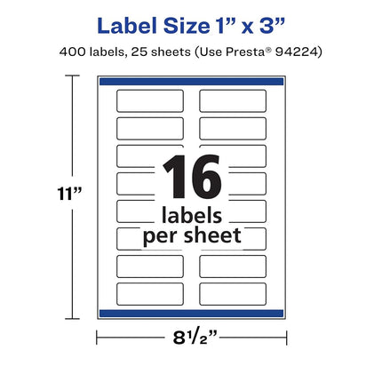 Avery Matte White Removable Rectangle Labels with Sure Feed Technology, Print-to-The-Edge, 1" x 3", 400 Removable Labels, Laser/Inkjet Printable Labels