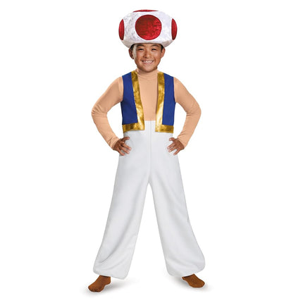 Disguise Super Mario Toad Costume for Kids, Official Nintendo Licensed Product, All In One Jumpsuit with Blue and Gold Vest Effect, Includes Toad Hat, 7-8 years