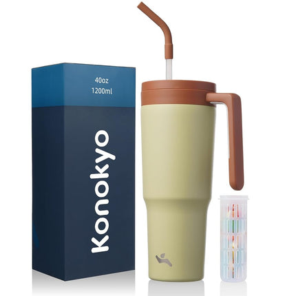 Vaso térmico Konokyo con asa y pajita, botella de agua de acero inoxidable al vacío de 40 oz, taza de viaje de metal con difusor de frutas, pistacho