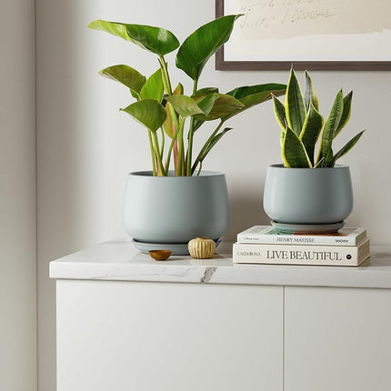 LE TAUCI Ceramic Plant Pot, 10+13+16 cm, Indoor Planter, Set of 3, BlueGray