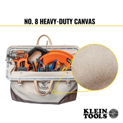 Klein Tools 5102-20 Heavy Duty Natural Canvas Tool Bag, Tool Tote, Multi-Purpose Bag with Wide Hinged Opening and Leather Handles, 20-Inch