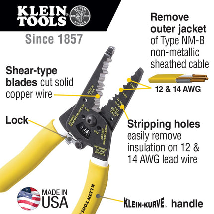 Klein Tools K1412 Wire Cutter/Wire Stripper, Dual NM Cable,Yellow/White, Strips 12 and 14 AWG Solid Wire