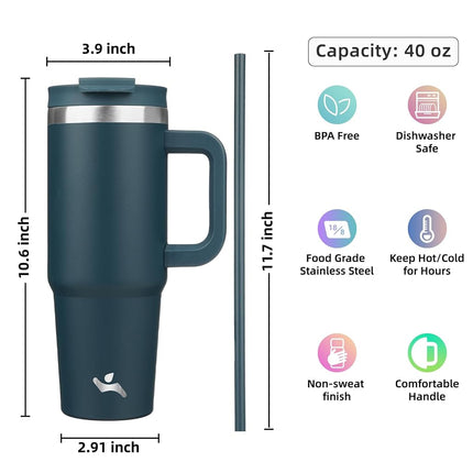 Konokyo 40 oz Tumbler with Handle and 2 Straws,2 in 1 Lid Insulated Water Bottle Stainless Steel Travel Coffee Mug,Navy Blue