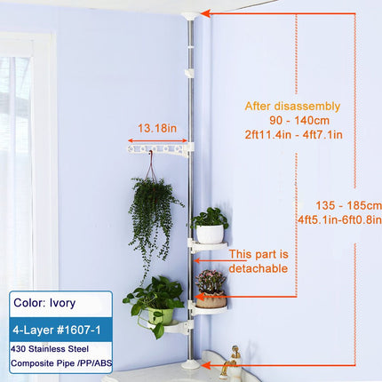 Baoyouni Indoor Plant Tension Pole Flower Display Stands Spring Loaded Flowers Hanging Rack Rod with 4 Adjustable Trays & Arm, Ivory