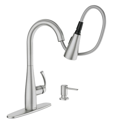 Moen 87014SRS Essie Pull-Down Sprayer Kitchen Faucet in Spot Resist Stainless with Soap Dispenser, Spot Resist Stainless