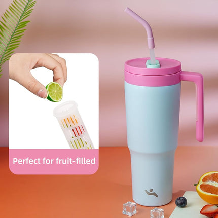 Konokyo Insulated Tumbler with Handle and Straw,40 OZ Vacuum Stainless Steel Water Bottle Travel Mug Metal Cup with Fruit Diffuser,Pink Grey