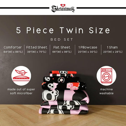 Skelanimals Bedding 5 Piece Twin Spooky Bed Set, Soft Microfiber Checkered Comforter and Sheet Set with Sham, Kit The Cat, (Officially Licensed Product) by Franco Collectibles
