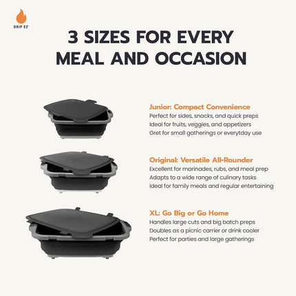 Drip EZ Collapsible BBQ Prep Tub - for Meal Prep Marinating Food Storage - Includes Cutting Board & Locking Lid - (1) JR - Black