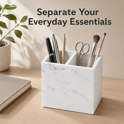 SIRIZEN-DIVING White Marble Pen Holder with 2 Compartments 3.94 Inch
