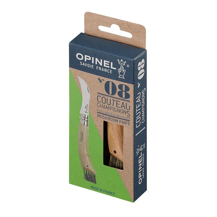 Opinel No. 08 Mushroom Knife – Pick + Clean Mushrooms, Beechwood Handle, Integrated Brush, Curved Sandvik Steel Blade, Made in France