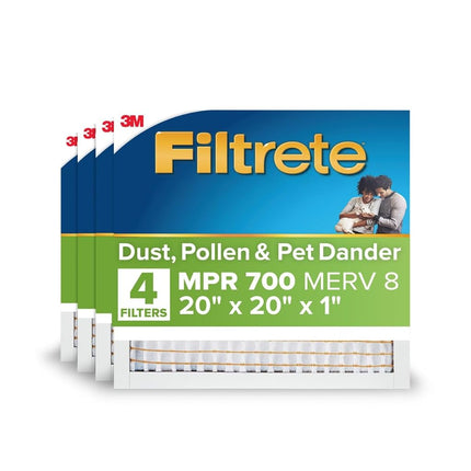 Filtrete 20x20x1 AC Furnace Air Filter, Merv 8 MPR 700, Dust, Pollen, & Pet Dander, 4-Pack (exact dimensions 19.88x19.88x0.78)