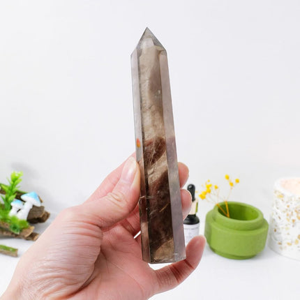 Apengshi 1PCS Natural Crystal Smoke Quartz Tower 5.9"-6.3" (15-16cm) 6 Faceted Single Point Prism Healing Crystal Wand for Meditation Reiki Chakra Therapy