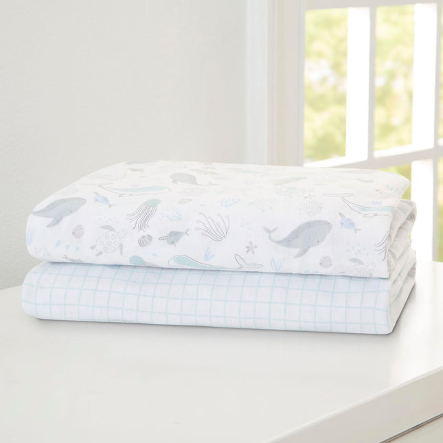 Draps-housses de berceau Delta Children pour filles et garçons - Drap de berceau 100 % coton biologique pour matelas de berceau standard et de tout-petit - 71 x 132 cm - Certifié GOTS (Paquet de 2), Vie marine