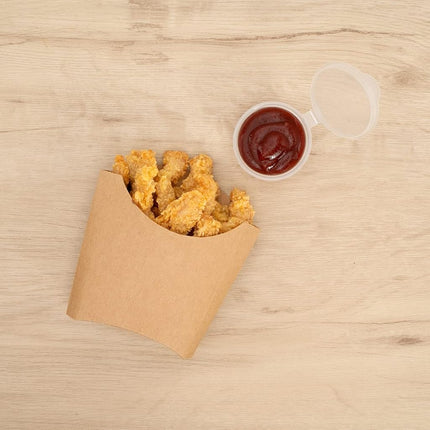 Bio Tek 4.5 x 3.2 x 3.9 Inch French Fry Cup, 100 Disposable Snack Cups - Stackable, Sustainable, Kraft Paper 3 Ounce Fry Holder, for Fries, Onion Rings, Popcorn, or Cookies - Restaurantware