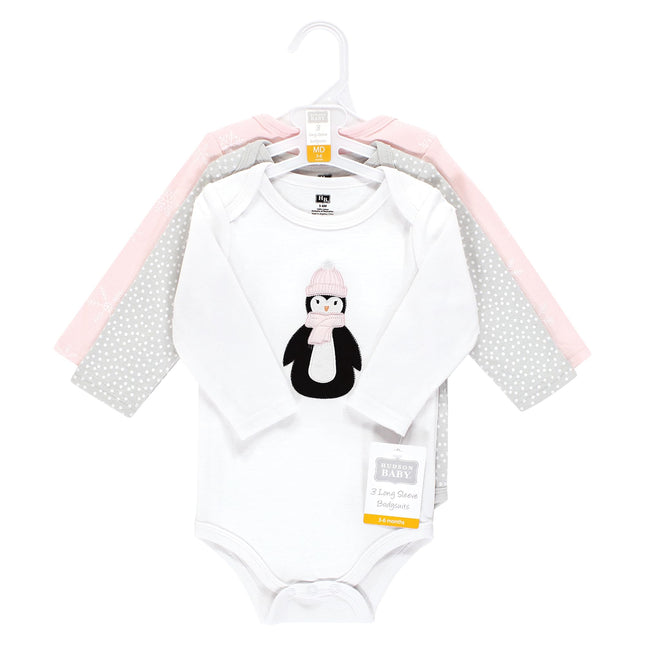 Paquete de 3 mamelucos de algodón de manga larga unisex para bebé de Hudson Baby, pingüino rosa, de 12 a 18 meses